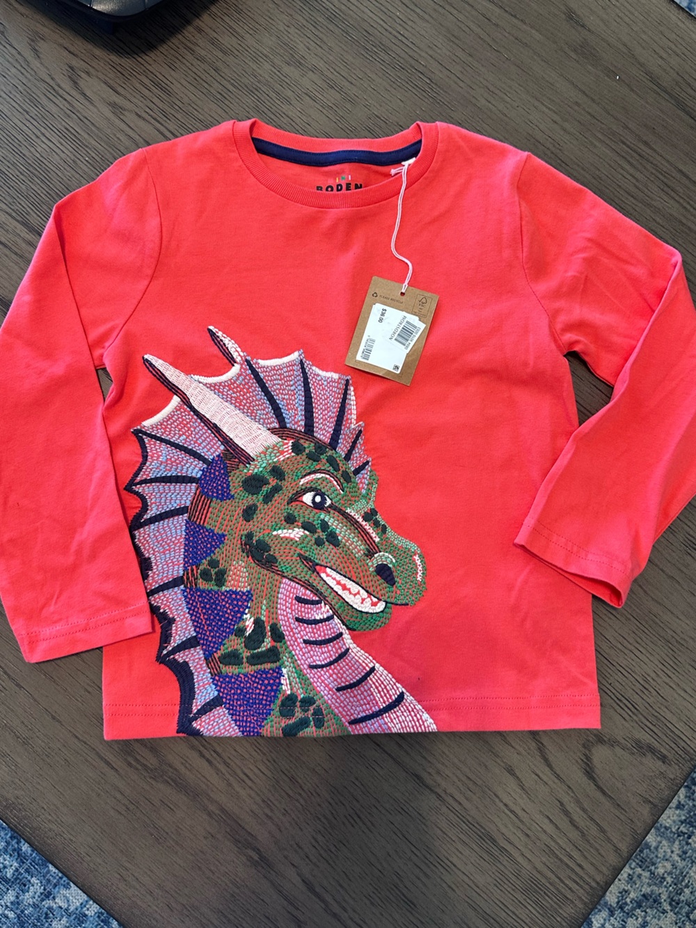 Mini Boden Coral Red Long-Sleeve Top with Sequin Dragon see description